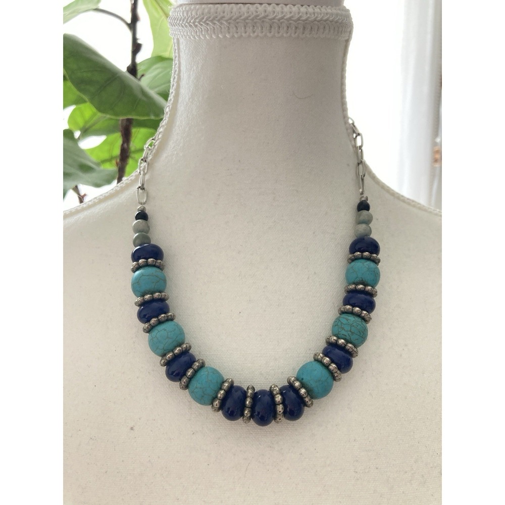 Faux Turquoise Beaded Necklace Silver Tone Spacer Statement Southwest Western